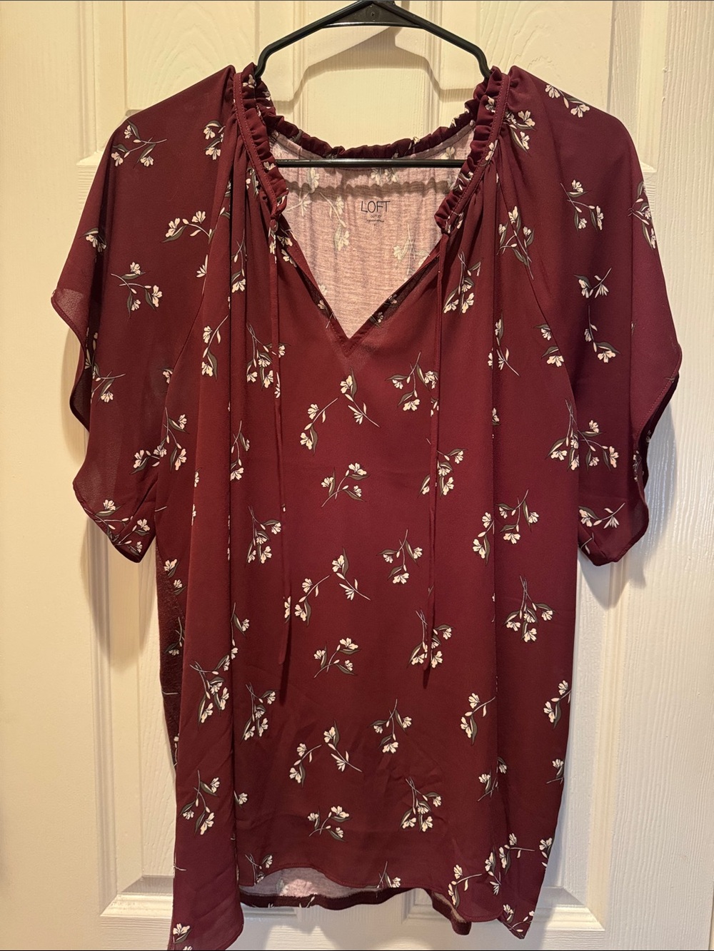 LOFT Maroon Floral V-Neck Blouse with Ruffle Trim
